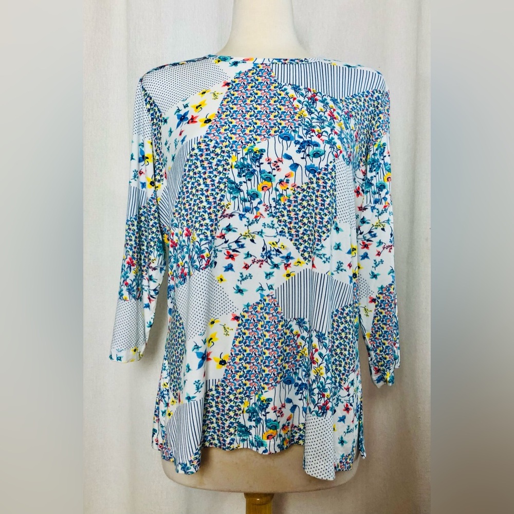 Charlotte Kellogg XL Patchwork Floral Top Blouse Palm Beach 3/4 Sleev Resort NWT